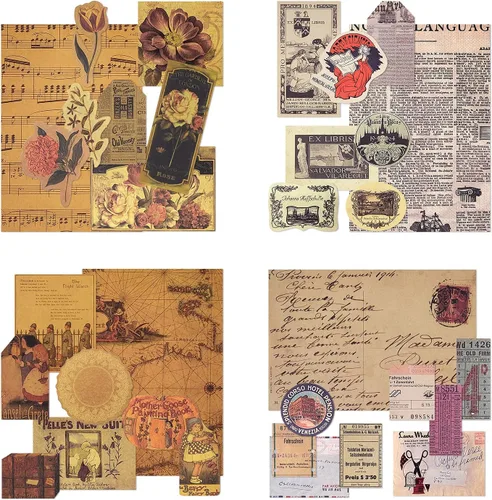 Mayplous Juego de 4 papeles de patrón vintage, álbum de recortes de una cara, papel decorativo y kraft con impresión en varios tamaños para hacer