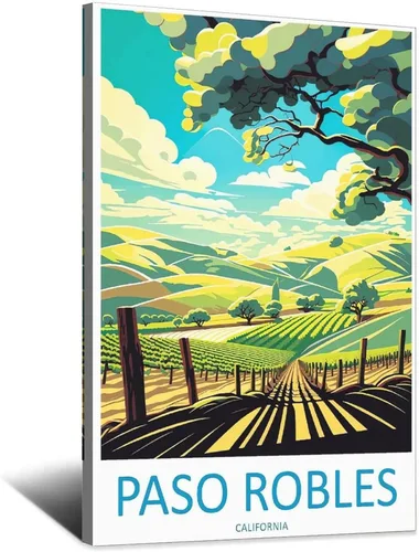 Paso Robles - Póster de viaje vintage de California, paisaje de 08 x 12 pulgadas (7.9 x 11.8 in), lienzo artístico y lienzo para pared de sala de