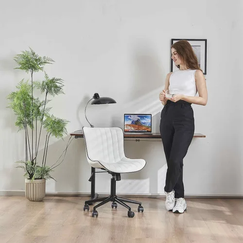 Miniatura 7 de YOUNIKE Silla de escritorio para oficina en casa con ruedas, silla de tocador sin brazos con respaldo, silla cómoda moderna tapizada en cuero, silla