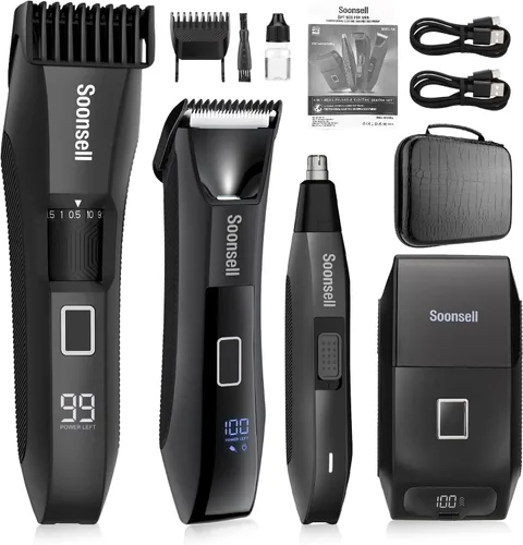Soonsell Manscape Recortadora de Barba para Hombres, Kit de Aseo para Hombres 4 en 1 Impermeable IPX7, Afeitadora de Bola, Cortapelo para Nariz,