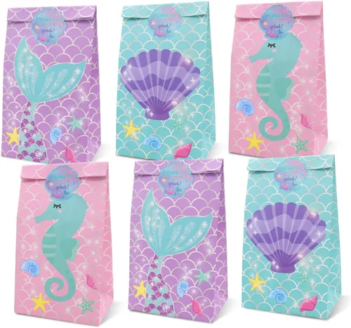 Yaaaaasss! 24 bolsas de recuerdo de fiesta de sirena con calcomanías, regalo de golosinas bajo el mar, bolsas de dulces temáticas de sirenita para