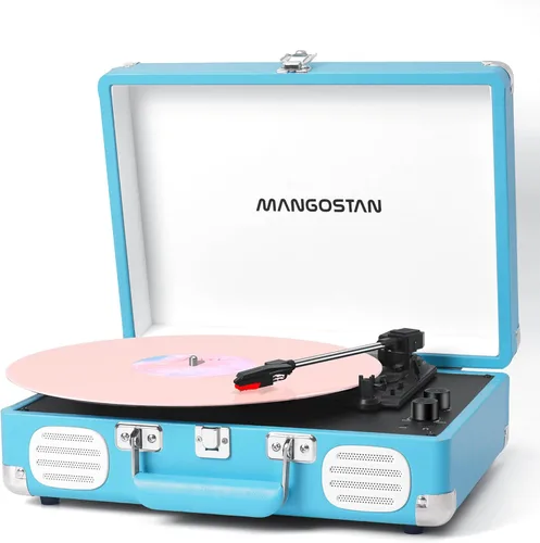 Tocadiscos Portátil Bluetooth de 3 Velocidades Tipo Maleta, Fonógrafo de Vinilo con Graves y Altavoces Integrados, Reproductor LP Impulsado por Azul