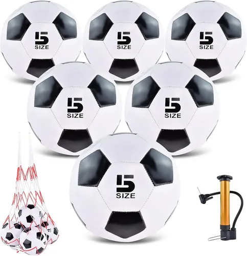 Miniatura 9 de Paquete de 6 pelotas de fútbol clásicas desinfladas tamaño 3/4/5 con bomba y bolsa de malla para interiores y exteriores, césped, entrenamiento