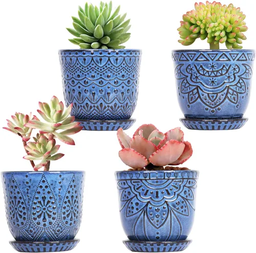 Gepege Macetas para suculentas, maceta pequeña de cerámica para interiores de 4 pulgadas con agujeros de drenaje y platillos para plantas, color Azul