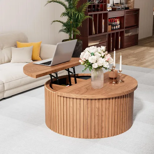 Miniatura 8 de Fsbecl Mesa de Centro de Tapa Elevable Acanalada con Almacenamiento Oculto, Mesa de Centro Redonda de 31.6 Pulgadas para Sala de Estar, Mesas Nogal