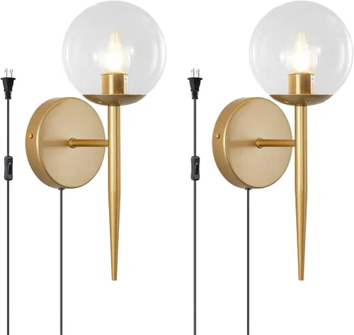 BOKT Juego de 2 apliques de pared dorados cepillados, con cable enchufable, moderno de mediados de siglo, apliques de pared con forma de globo,