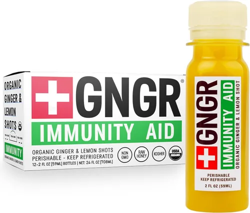+GNGR Immunity Aid - Disparo orgánico de jengibre prensado en frío con limón, miel y equinácea. Disparos de jengibre extra fuertes para la