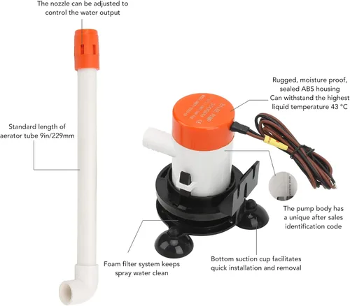 Miniatura 4 de Baitwell Bomba de 12 V 350 GPH 12 V Livewell Bomba aireadora de cebo sumergible portátil inferior para barco marino, bomba de pozo de vida, bomba