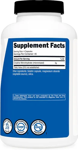 Miniatura 5 de Nutricost Monohidrato de creatina 3,000 mg, 180 cápsulas (750 mg por cápsula) Sin gluten, sin OMG