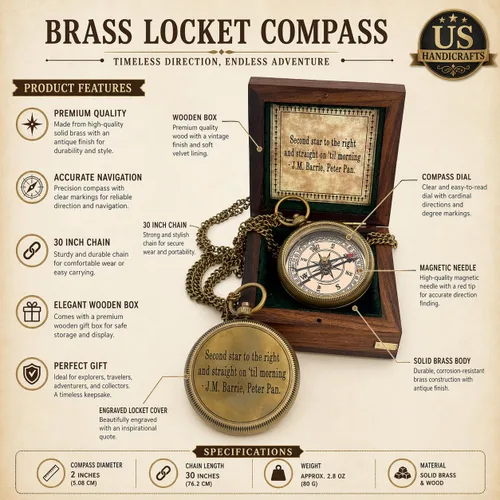 Miniatura 3 de Second Star to the Right and Straight on Till Morning- Brass Engraved Compass with Wooden Case – Inspirational Birthday, Confirmation, and Baptism
