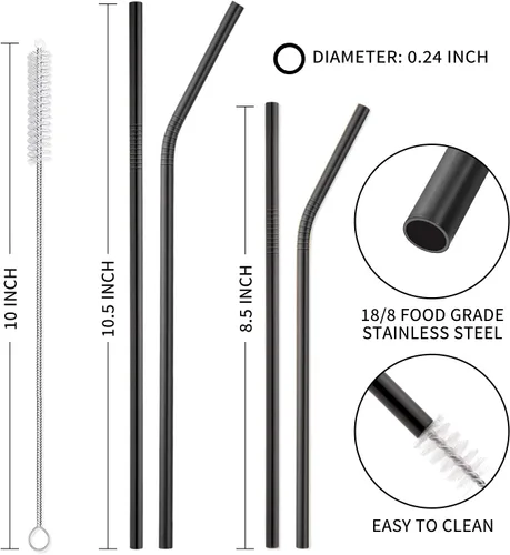 Miniatura 2 de Hiware Paquete de 12 pajitas de acero inoxidable negras reutilizables con estuche, pajitas de metal para vasos de 30 y 20 onzas, aptas
