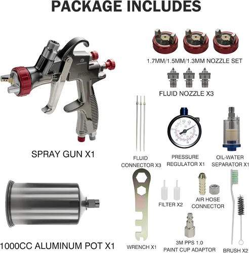 Miniatura 5 de LIHAISHENG LVLP Pistola de pulverización de aire con boquillas de 1.3/1.5/0.067 in, taza de pintura de aluminio de 1000 cc, cuenta con control