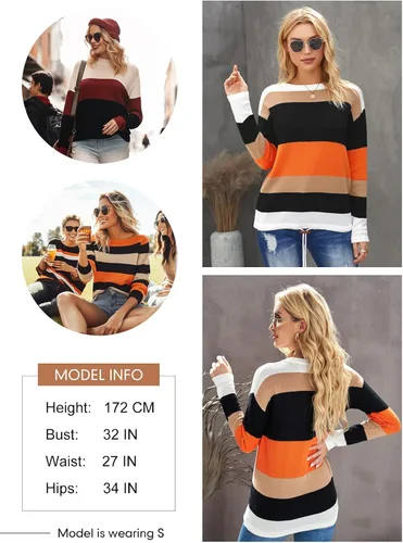Miniatura 4 de Dokotoo Suéteres de otoño con cuello redondo, a rayas, lindos suéteres de invierno para mujer, modernos con cordón