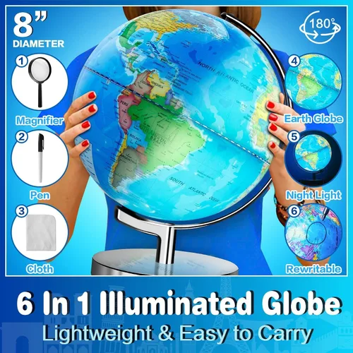 Miniatura 6 de Globo Terráqueo Iluminado AR para Niños - Mapa Colorido Reescribible de Fácil Lectura y Alta Claridad, Juguete Educativo Interactivo STEM, Lámpara