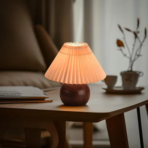 Miniatura 4 de KUNJOULAM Lámpara de mesa plisada retro, moderna lámpara de mesita de noche con pantalla marrón, base de metal de 5.9 pulgadas para dormitorio