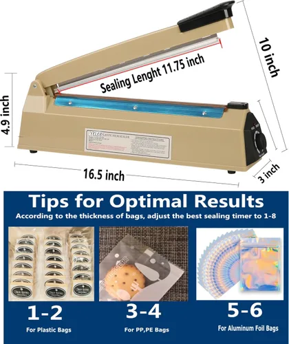 Miniatura 2 de Sellador térmico por impulso de 12 pulgadas, máquina selladora manual de bolsas de polietileno para bolsas de plástico de PE y PP, agarre de Beige