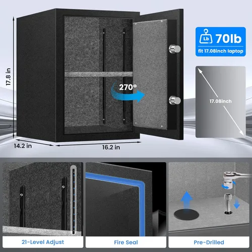Miniatura 7 de Caja Fuerte Biométrica Ignífuga de Servicio Pesado de 4.5 Pies Cúbicos para el Hogar – Acceso por Huella Dactilar, Acero Reforzado, Pernos