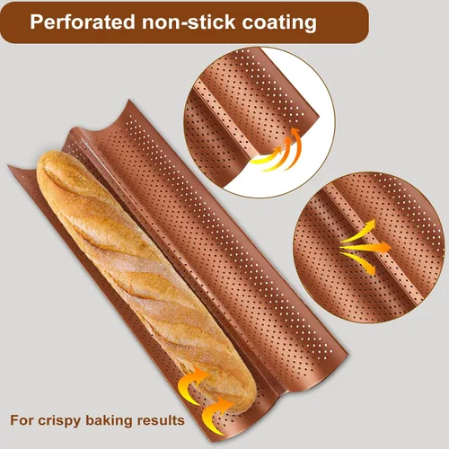 Miniatura 6 de Juego de 2 sartenes para baguette con paño de prueba, antiadherente de 2 ranuras para pan francés para baguette casero, bandeja de bronce vintage
