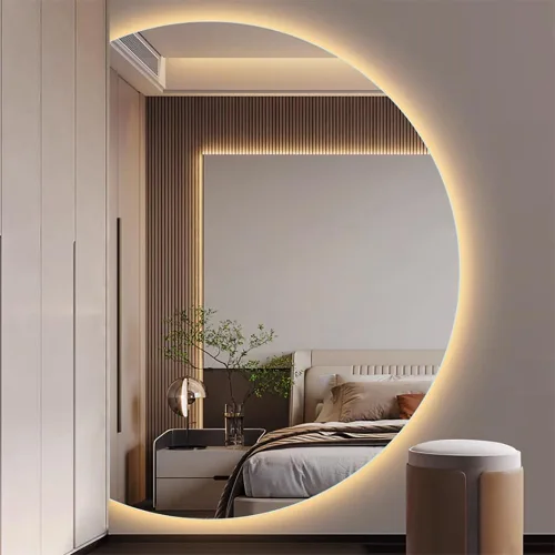 Espejo de baño semicírculo, retroiluminado, espejo de tocador LED de 3 colores, luz de media luna, entrada de longitud completa, espejo de pared