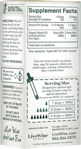 Miniatura 4 de Live Wise Naturals Vitamina para bebés D3 l USDA Orgánica Organic MCT Oil Formula For Kids and Toddler, Easy Absorption, Supports Immune and Bone