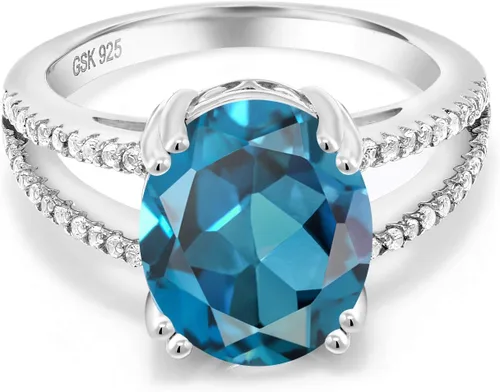 Miniatura 3 de Gem Stone King Anillo de compromiso de topacio azul Londres de 5.68 quilates para mujer en plata de ley 925, ovalado de 0.47 x 0.394 pulgadas