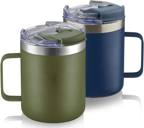 Miniatura 8 de Taza de café aislada de 12 onzas con asa, taza de café de viaje de acero inoxidable con tapa abatible, vaso de café de doble pared con aislamiento