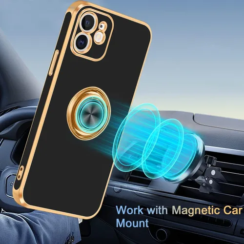 Miniatura 3 de Fingic Funda para iPhone 12 con Soporte de Anillo, [Soporte de Anillo Giratorio de 360° Magnético con Base] [Borde Dorado Brillante con Enchapado]