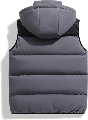 Miniatura 4 de Chaleco de invierno para hombre, acolchado, sin mangas, con capucha extraíble, informal, con cremallera y cálido.