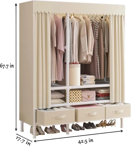 Miniatura 3 de Armario portátil para colgar ropa, perchero con funda, armario portátil con 1 varillas para colgar, 2 estantes de almacenamiento y 3 cajones, 43.3
