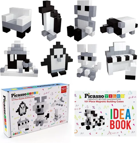 PicassoTiles Cubo magnético de rompecabezas de 60 piezas + 101 piezas, juego de bloques de construcción con imán en blanco y negro, ideabook gratis