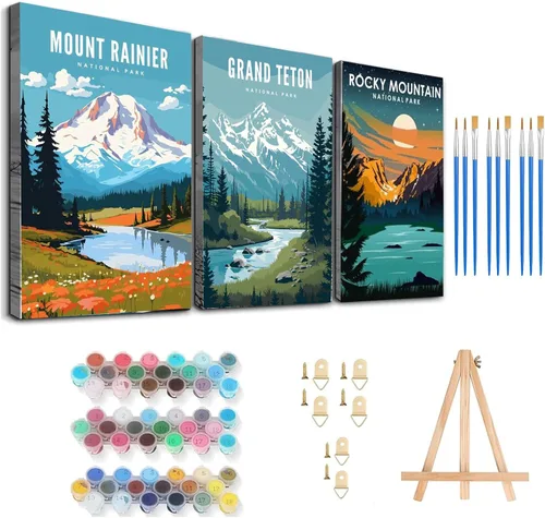 Miniatura 11 de 6 paquetes de pintura por números para adultos principiantes, kits de pintura por números de parques nacionales sobre lienzo sin marco, Yellowstone