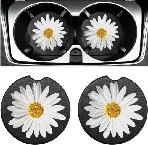 Paquete de 2 posavasos para portavasos de coche, posavasos de cerámica absorbente con inserto para taza de margarita con muesca para el dedo, lindos