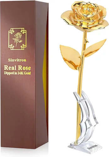 Miniatura 23 de Sinvitron Rosa Infinita Bañada en Oro - Rosa Eternamente Preservada en Resina Flor Eterna para Decoración de Cumpleaños, Día de la Madre, Rojo