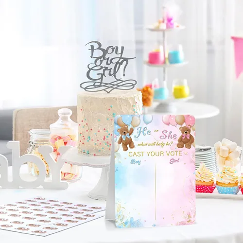 Miniatura 6 de Poen Tablero de Juego de Revelación de Género de Oso con Soporte, 60 Calcomanías de Oso Él o Ella, Emite Tu Voto Suministros de Fiesta de Baby