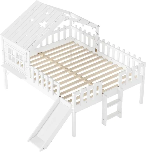 Miniatura 24 de Marco de cama de tamaño matrimonial para niños con escaleras, bonito techo y ventana en forma de estrella para niños y niñas, cama de plataforma