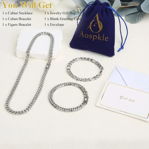 Miniatura 4 de Collar de pulsera Figaro de eslabones cubanos de 3 piezas, plata dorada y negra, resistente acero inoxidable 316L, cadena Figaro de eslabones