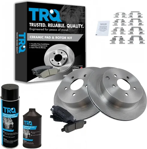 TRQ Kit de pastillas de freno trasero y rotor de cerámica compatible con 03-20 INFINITI 03-22 Nissan