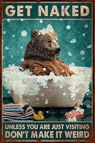 Cartel retro de metal con diseño de oso de baño, póster de metal con oso divertido, arte de pared para baño, decoración para colgar en el baño,