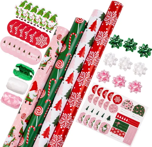Miniatura 9 de WRAPAHOLIC Rollo de papel de regalo de Navidad de 30 pulgadas - Rollo jumbo rojo, verde y rosa de gnomo de Navidad y elfo festivo, colección de 4