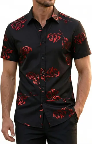 Miniatura 17 de ZEROYAA - Camisas de vestir de manga corta con estampado de rosa dorada para hombre, estilo hipster, calce ajustado, con botones