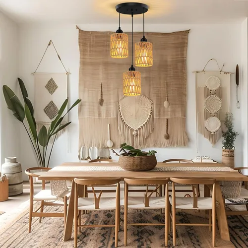 Miniatura 6 de Lámpara Colgante de Ratán de 3 Luces, Lámpara Colgante Bohemia de Granja con Pantallas de Mimbre Tejidas a Mano para Comedor, Isla de Cocina