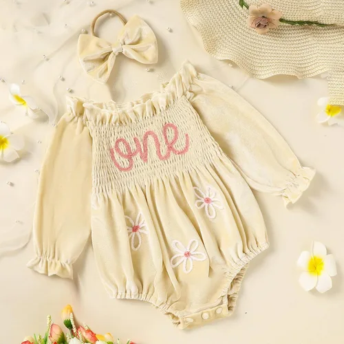 Miniatura 16 de GRNSHTS Ropa de primer cumpleaños para niña de terciopelo de un año de edad, mameluco de manga larga + diadema, 2 piezas de trajes de pastel