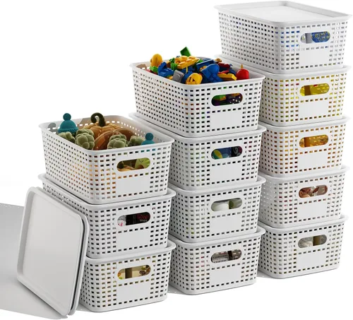 Miniatura 13 de Cestas de almacenamiento de plástico negro con tapas, paquete de 10 recipientes de almacenamiento apilables contenedores para organización