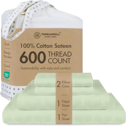 Miniatura 12 de Threadmill Sábanas de Algodón 100% para Cama Tamaño Queen - Juego de Sábanas Queen de 600 Hilos con Bolsillo Profundo de 16" - Juego de Ropa de Cama
