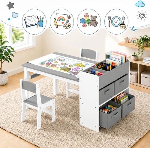 Miniatura 8 de Arlopu - Juego de mesa y 2 sillas de arte para niños, mesa de actividades de madera para niños de gran tamaño, escritorio de dibujo robusto con gran