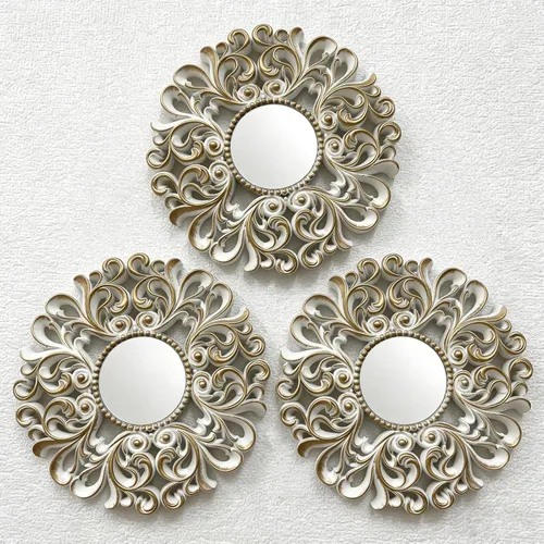 Miniatura 9 de DXYAKY Juego de 3 espejos decorativos redondos dorados para pared, espejos con marco de plástico ligero con detalles de cristal azul, decoración