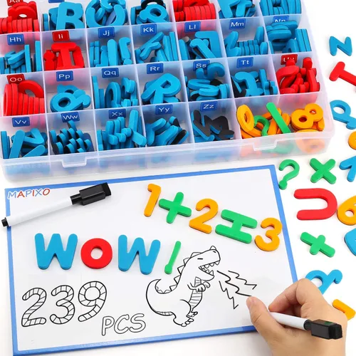 235 letras magnéticas con tablero magnético, 2 bolígrafos magnéticos borrables y caja de almacenamiento, regalo de alfabeto ABC de espuma para