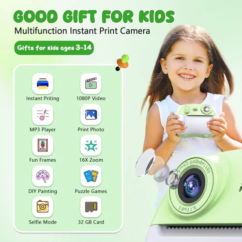 Miniatura 2 de Cámara para niños con impresión instantánea 1080P frontal y trasera dual selfie – Cámaras para niños pequeños con videojuegos digitales, 32 GB