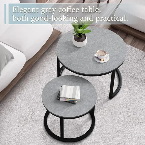 Miniatura 3 de Juego de 2 mesas auxiliares redondas para sala de estar, mesa central elegante con mesa de grano de madera, mesas auxiliares pequeñas