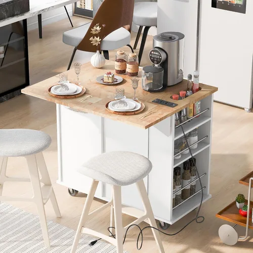 Miniatura 2 de Isla de cocina con toma de corriente, isla de almacenamiento de cocina con hojas caídas y madera de goma, mesa de carrito de cocina con 5 ruedas